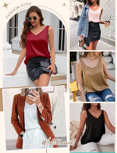 CMTOP Women's Sleeveless Shirt V Neck Satin Camisole Top Elegant Sexy Blouse Shirt Casual Cami Tank Tops