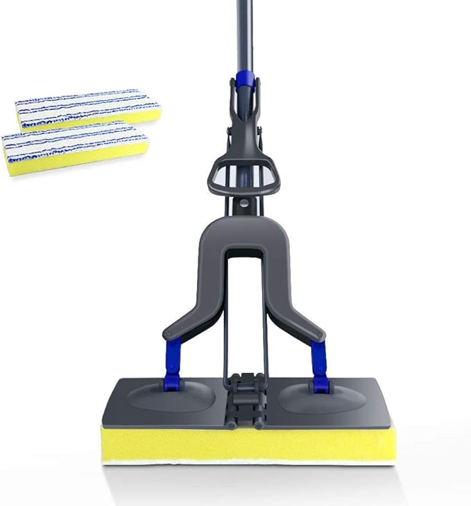 Sponge Mop with 2 Super Absorbent Sponge Heads and 130CM Telescopic Handle, Sponge Floor Mop for