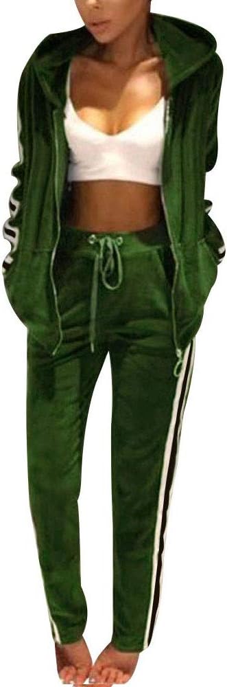 Womens 2PCS Tracksuit Set Velour Stripe Zipped Hoodie Jogging Suit Women Pyjama Set Loungewear Long Sleeve