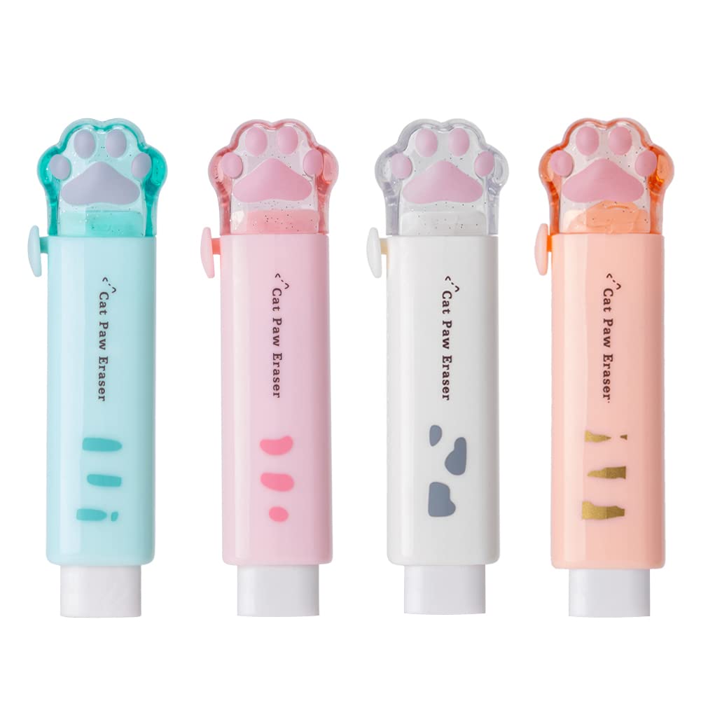 4 Pcs Cat Paw Shaped Retractable Erasers, Cute Rubber for Kids, Push-Pull Rubber Eraser for Students Writing Office School