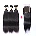 Brazilian Straight Hair 3 Bundles with 4x4 Lace Closure Free Part Double Weft 10A 100% Unprocessed Virgin Remy Straight Human Hair Bundles with Closure for Black Women(14 16 18+12'' Closure)