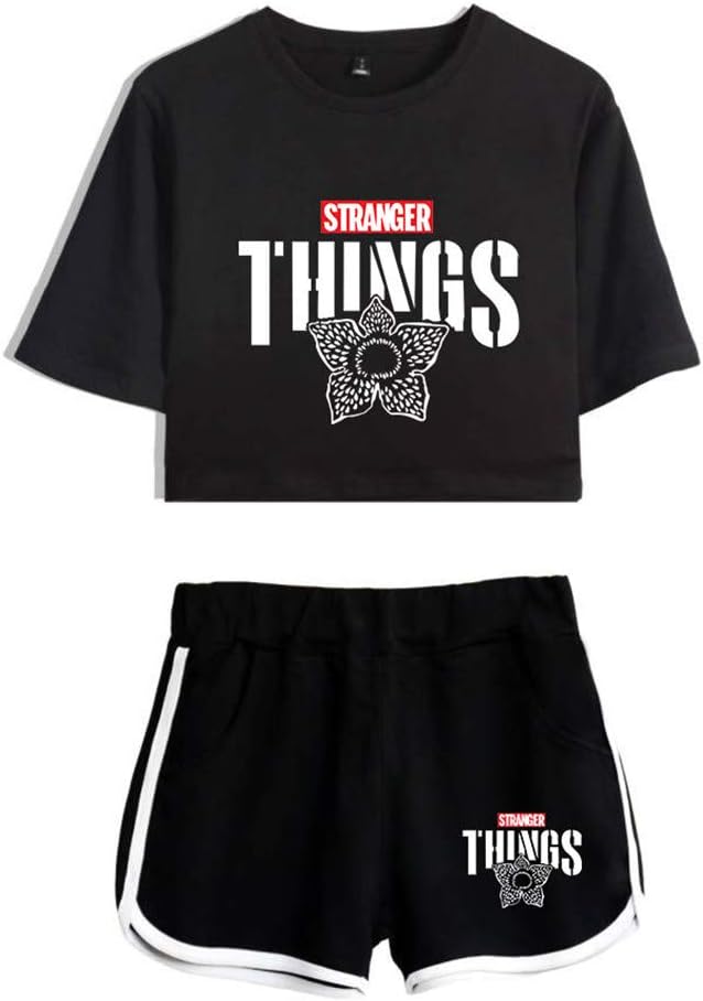 Memoryee Stranger Things Printing Crop Top T-Shirts and Shorts Clothes Two Piece Suit for Girls and Women Summer Sportswear