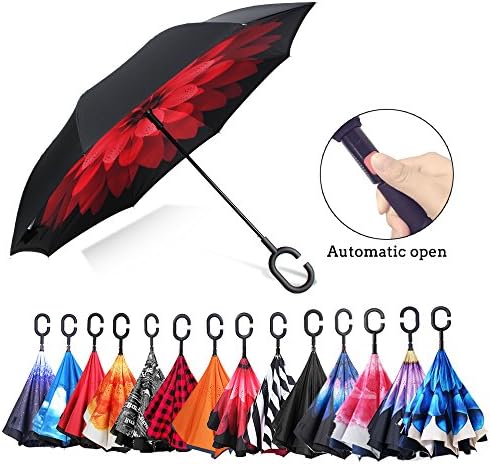 AmbrellaOK Premium Double Layer Inverted Umbrella For Car By Reverse Folding Upside Down C-Shaped Hands Free Handle - Compact Lightweight &amp; Windproof – Ideal Gift Men &amp; Women (Auto-black-Pink flower)
