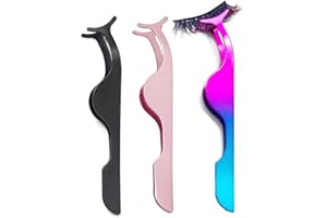 YIQIYI False Eyelash Tweezers for Lash Clusters 3PCS Professional Eyelashes Applicator Tool Stainless Steel Remover Clip Eyelashes Extension Tweezers Curved(Black, Champagne Purple,Assorted Color)