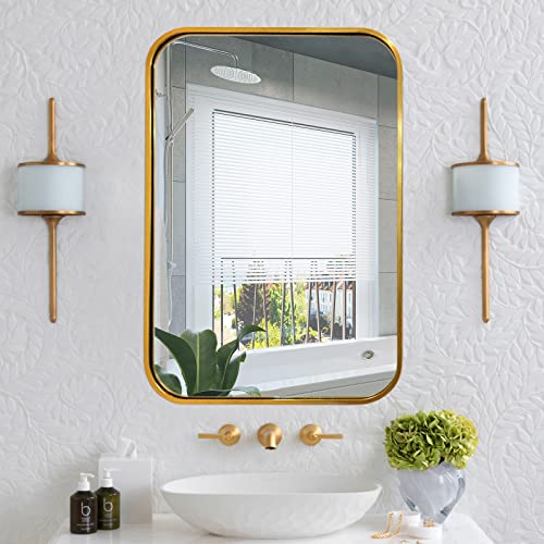JENBELY 22x30 Inch Gold Bathroom Mirror, Brushed Brass Gold Metal