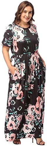 FLYCOOL Womens Plus Size 3/4 Sleeve Floral Print Elastic High Waist Vintage Midi Dress Pockets
