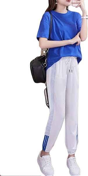 Amazon サユム レディース セット 2点セット 夏 パンツ 九分丈ズボン スウェット スポーツ アクティブウェア 新番 ファッション レジャー ゆったり ニート 着痩せ シンプル ブルーm アンサンブル 通販