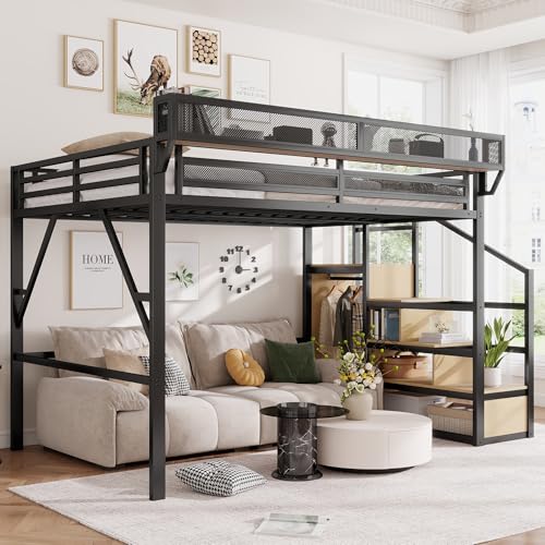 Mirightone Queen Size Loft Bed with Stairs and Storage, Metal Loft Bed