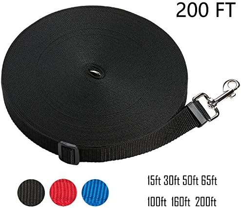 Zhixuanke 1in wide by 15ft 30ft 50ft 65ft 100ft 160ft 200feet long Nylon Training Leash - For Large,Medium and Small Dogs - Long Lead - Great for Training, Play, Camping, or Backyard 200 feet black
