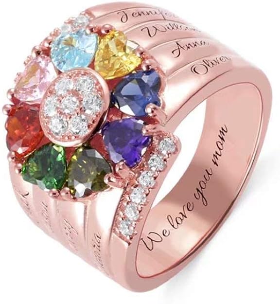 Personalized Mothers Rings with 8 Birthstones Rings, Sterling Silver