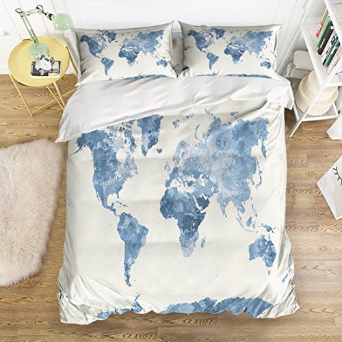 Full Size Bedding Set- World Map Duvet Cover Set Bedspread for Childrens/Kids/Teens/Adults, 4 Piece