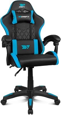 DR35 - Cadeira Profissional, Pele sintética, Apoios de Braço Almofadados, Pistão Classe 3, Base Reforçada em Nylon, Assento Inclinável, Altura Ajustável, Almofada Lombar/Cervical, Preto/Azul