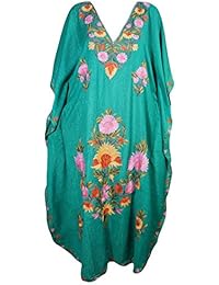 Mogul Womens Kaftan Floral Embroidery Kashmiri Cover Up Caftan Evening Dress (Green)
