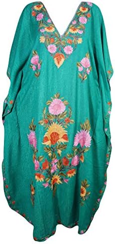 Mogul Womens Kaftan Floral Embroidery Kashmiri Cover Up Caftan Evening Dress (Green)