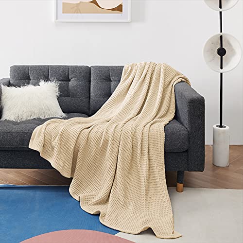 Bedsure 100 Cotton Blankets Queen Size for Bed Beige 405GSM Waffle