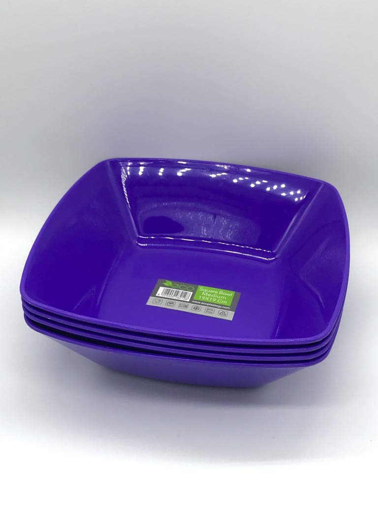 ECO Durable Medium Plastic Square Bowls Set of 4 | 19cm x 19cm – Cereal Bowl for Kids | Reusable Square Bowls for Parties | BPA-Free Stackable Plastic Serving Bowls (Purple, Medium 19x19cm)