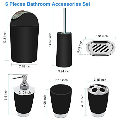 TEKITSFUN Black Bathroom Accessories Set,6 Pcs Plastic Gift Bath Accessory Set Luxury Ensemble Includes Toothbrush Holder,Toothbrush Cup,Soap Dispenser,Soap Dish,Toilet Brush Holder,Trash Can - Thumbnail 3