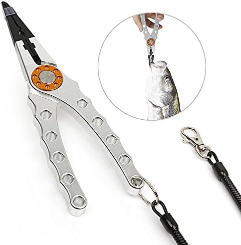 RundA Fishing Aluminum Fishing Pliers Resistant Saltwater for Cutting Braid Line and Remove Hooks or Lure with Coiled Lanyard and Belt Holder Sheath 7 Color Available(1 pack) (Silver)