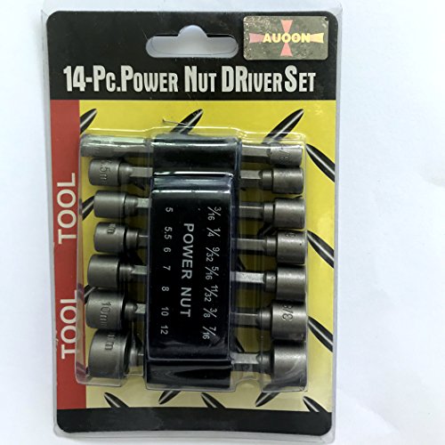 14 PCS Quick-Change Power Nut Driver Bit Set,Electronic 3/16" 1/4" 9/32" 5/16" 11/32" 3/8" 7/16" 5,5.5,6,7,8,10,12mm He-Shank Socket Adapter,Made by Chrome Vanadium Steel