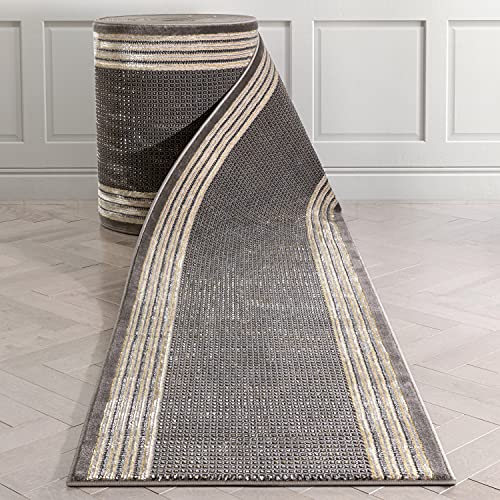 Well Woven Custom Size Hallway Stair Runner – Choose Your Length – Fairmont Collection Whelon Grey Striped Border 26 Inches Wide x 30 Feet Long Runner (26″ x 30′ Runner)