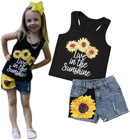 2Pc Baby Girl Sunflower Clothes Outfits Kids T-Shirt Tops+Denim Jeans Pants Shorts Set