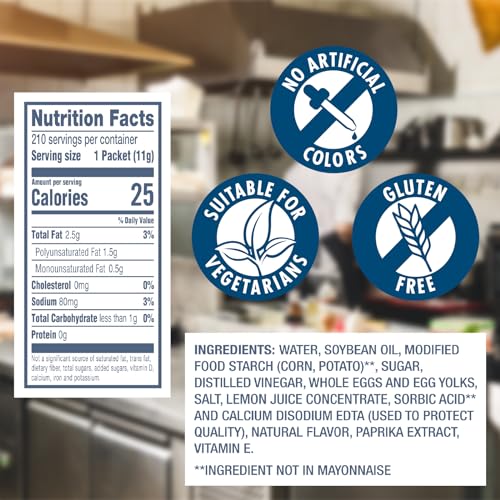 HELLMANN’S LIGHT MAYONNAISE STICK PACKETS EASY OPEN, CONDIMENT FOR SANDWICHES, SALADS, MAYO MADE WITH 100% CAGE FREE EGGS, GLUTEN FREE, 0.38 OZ, PACK OF 210
