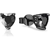 Foruiston 925 Sterling Silver Black Stud Earrings for Women and Men, Solitaire Cubic Zirconia Round & Princess Cut Heart-Shaped, 6mm
