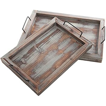 MyGift Set of 2 Country Rustic Whitewashed Brown Wood Finish Rectangular Nesting Serving Trays w/Metal Handles