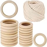 2 Size 20 PCS Unfinished Solid Wooden Rings Wooden Teething Ring Natural Wood Teething Rings and 109 yard Macrame Cotton Cord twisted cotton rope,1/6” Wide