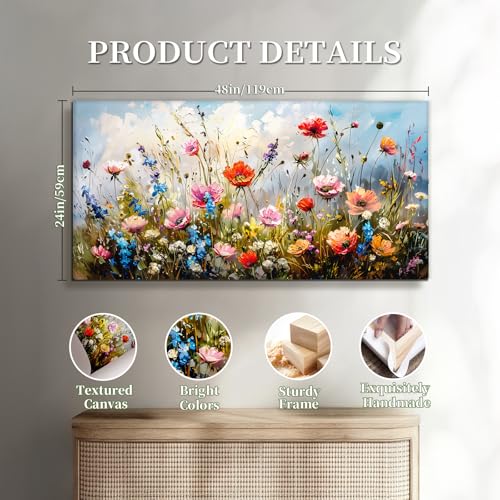 hyidecorart Large Modern Living Room Decoration Paintings, 59 x 119 cm, XXL Decorative Canvas, Wall, Bedroom, Decorative Wall Sheets, Blue Sky and Sea of Flowers, Wall Art Dining Room Office Hallway Bathroom