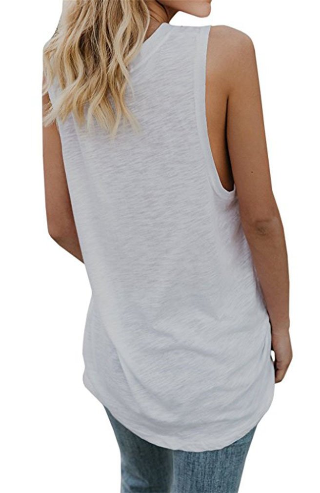 Women Sleeveless Long Casual Blouse V-Neck Solid Tops Long Tshits for Leggings White L
