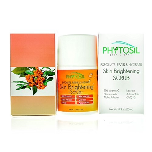 20% Vitamin C Skin Brightening Scrub, Exfoliator & Cleanser with Niacinamide (Vitamin B3), 5% Alpha Arbutin, Licorice, CoQ10, Astaxanthin – For Dull Skin, Wrinkles, Dark Spots – Phytosil 1.7 OZ