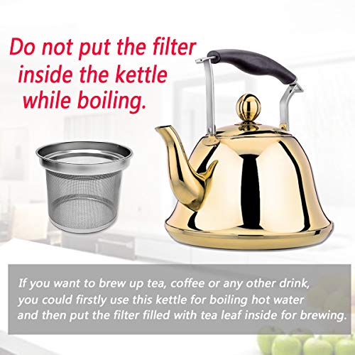 Gold Whistling Tea Kettle Stainless Steel Stovetop Teakettle Sturdy Teapot for Tea Coffee Fast Boiling with Infuser Color Gold Mirror Finish 2 Liter / 2.1 Quart (Gold)