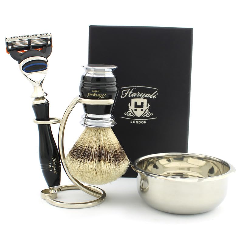 Haryali London, 4 pcs Shaving Set for Men – Synthetic Silvertip Shaving Brush with 5 Edge cartridge Razor, Shaving Stand and Bowl Set, Classic Wet Shaving Kit Men Gift - Black