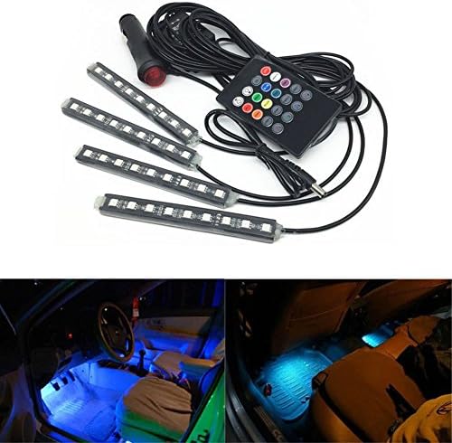 XY ZONE 9 LED Car Interior Light,7 Colors Auto Atmosphere Strip Lights Floor Lamp Glow Neon Lighting Kit with Wireless Remote Control Voice RC Colorful Strip Light Set + Car Charger