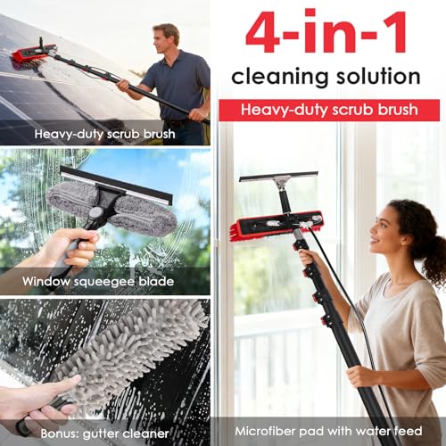 Spazzola di lavaggio telescopica 4 in 1, 7,2 m, per fotovoltaici, finestre, camper e tetti – asta telescopica e spazzola telescopica, set di pulizia con attacco dell'acqua, spazzola per la pulizia e