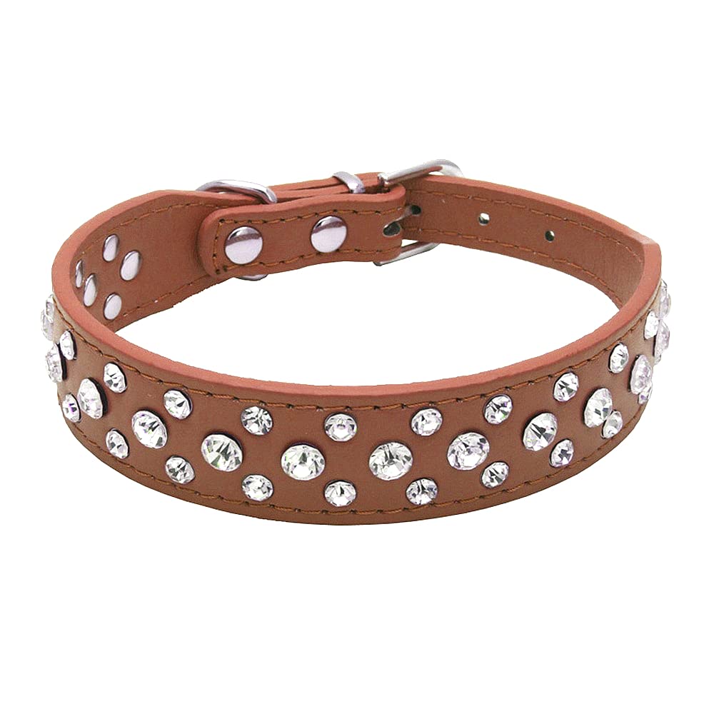haoyueer Bling Rhinestone PU Leather Crystal Diamond Pet Dog Cat Puppy Collar S M L XL (L, Brown)