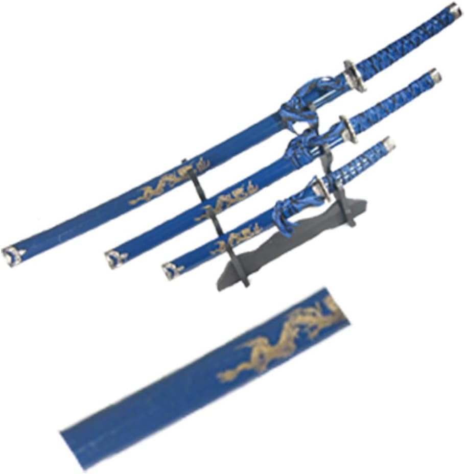 Isaazon 3 Pc Japanese Samurai Katana Sword Set Ninja Dragon Design w/Stand