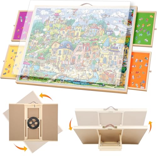 Muja Mesa para Rompecabezas de 1500 Piezas con 4 Cajones, 90x69cm Tablero para Rompecabezas con Cubierta Antipolvo Transparente, Inclinable y Giratorio