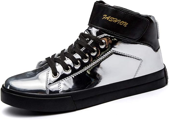 Amazon スター イー ビズネス ハイカットスニーカー メンズ スケートボードシューズ マジックテープ ダンスシューズ ヒップホップ カジュアル 派手 オシャレ エナメル 滑り止め 柔軟 グリッター 通学 通勤 シルバー 銀 28cm スニーカー