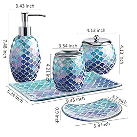 Bathroom Accessory Set | 5-Piece Decorative Glass Bathroom Soap Dispenser Set | Soap Dispenser, Tray, Jar, Toothbrush… 51yFF7dmjqL