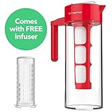 Vremi Cold Brew Iced Coffee Maker and Tea Infuser - 32 Ounce 1 Quart Glass Carafe Pitcher Airtight Lid and Spout - BPA Free Reusable Mesh Filter for Ground Coffee Loose Tea - Dishwasher Safe - Red