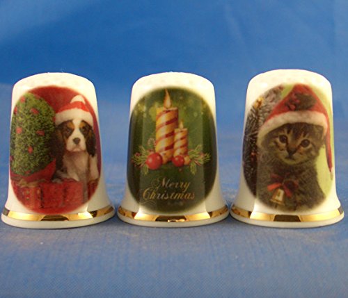 Porcelain China Collectable - Set of Three Thimbles - Merry Christmas