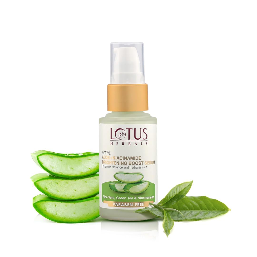 Lotus Herbals Active Aloe + Niacinamide Brightening Boost Serum | Enhances Radiance & Hydrates Skin | Praben Free | All Skin Types 30ml