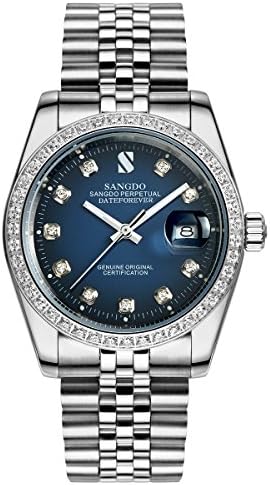 Topwatch Sangdo Men Diamond-Accented Bezel Blue Dial Silver Band Automatic Mechanical Watch