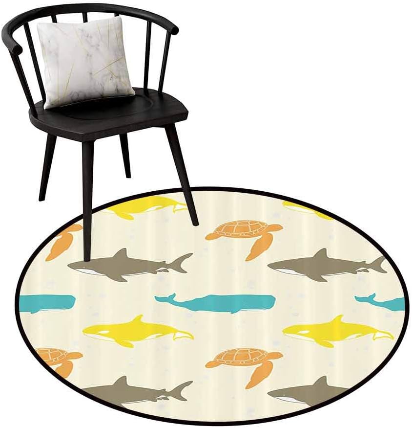 Warm Round Rug Sea Animals Decor for Bathroom Pattern with Whale Shark and Turtle Aquarium Decorative Doodle Style D47(120cm)