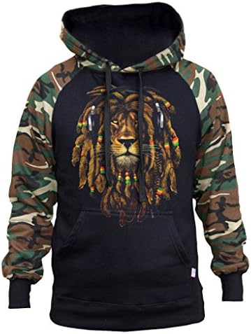 Men's Dreadlock Rasta Lion Headphones Black/Camo Raglan Baseball Hoodie Black