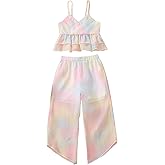 WDIRARA Toddler Girl's 2 Piece Outfit Bow Front Ruffle Hem Cami Top Top and Split Pants Set