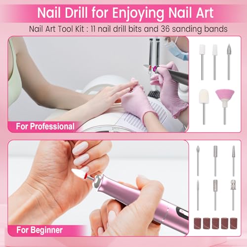 SnnyNyx Cordless Electric Nail Drill 35000 RPM, Professional Portable Nail File for Acrylic Nails & Gel Polish Removal, Low Vibration & Heat E-file with 11 Drill Bits, Salon-Quality Manicure Pedicure Kit (Rose Pink）