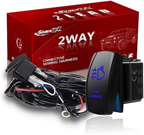 SABER X 2 Lead F150 LED Offroad Light Bar Wiring Harness Kit 14 Gauge, SPDT Fuse 40Amp/12V Relay "Fog Light" Laser Rocker Switch Blue (12FT) Fit RZR S 900 1000 Sahara Sierra Silverado